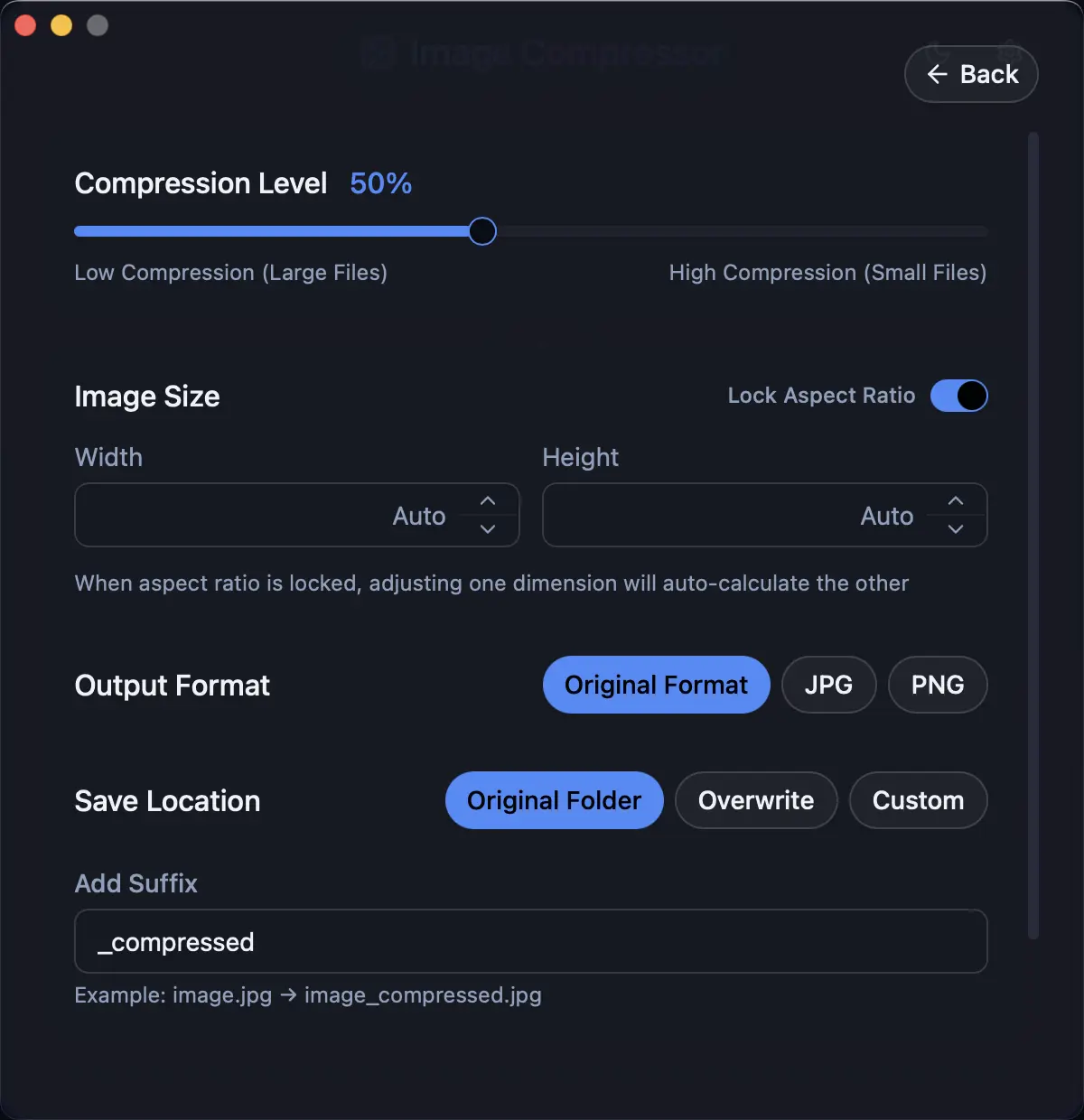 Komprixo compression settings interface preview
